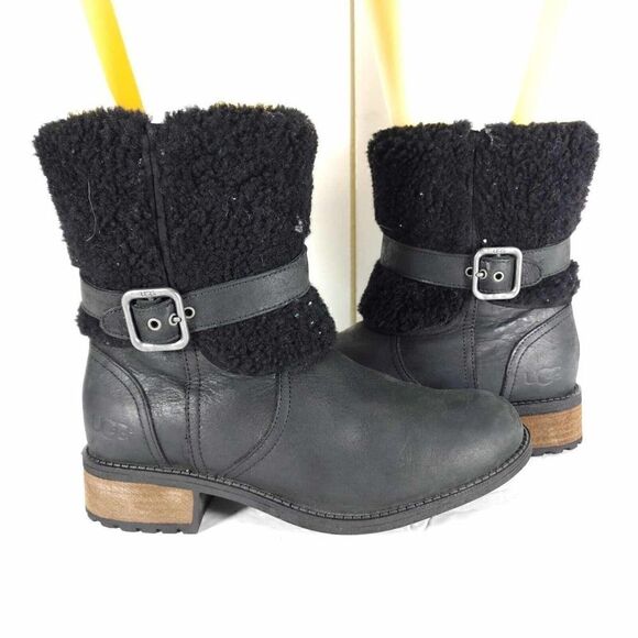 UGG Women's Blayre II US 6 Black Leather Side Zip Belted Shearling Boots - Picture 8 of 12